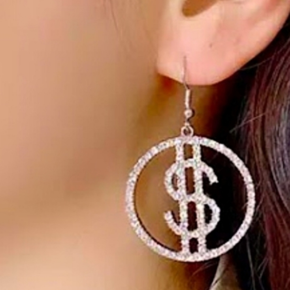 Bling Money Sign Rhinestone Diamond Silver Earrings - Picture 2 of 5